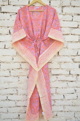 Summer Soft Cotton Handmade Floral Hand Block Print Long Kaftan Cotton Dress USA