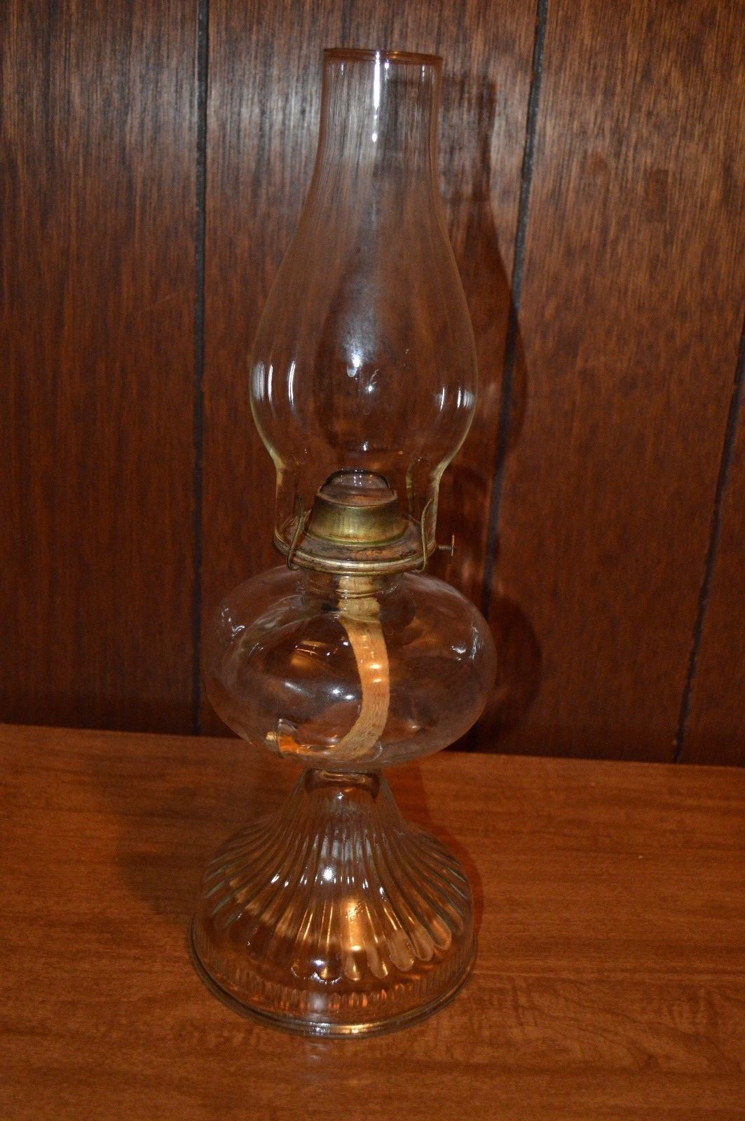 Vintage Clear Glass Oil Lamp With Burner & Chimney 17 1/2 Inches Tall Overall