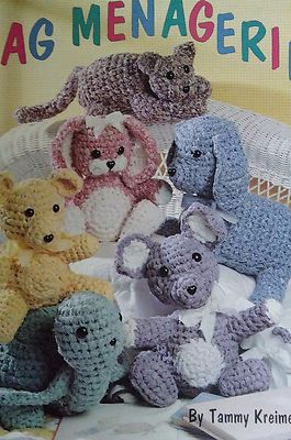 Rag Menagerie, rag rug fabric animals crochet patterns: dog cat bear bunny mouse