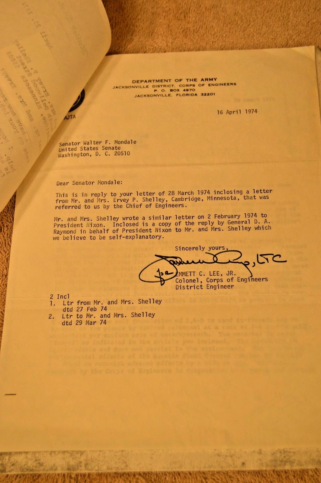 Senator Walter Mondale 1974 Signed Letter – Pesticides attachment