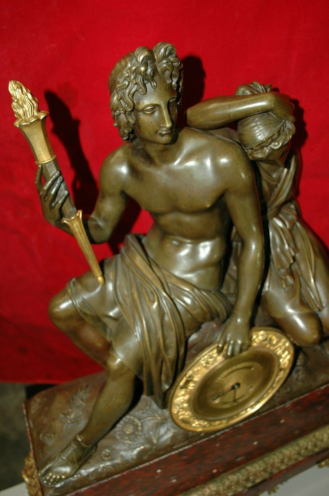 ANTIQUE 1800-1830 FRENCH DORE BRONZE AND RED LANGUEDOC MARBLE CLOCK