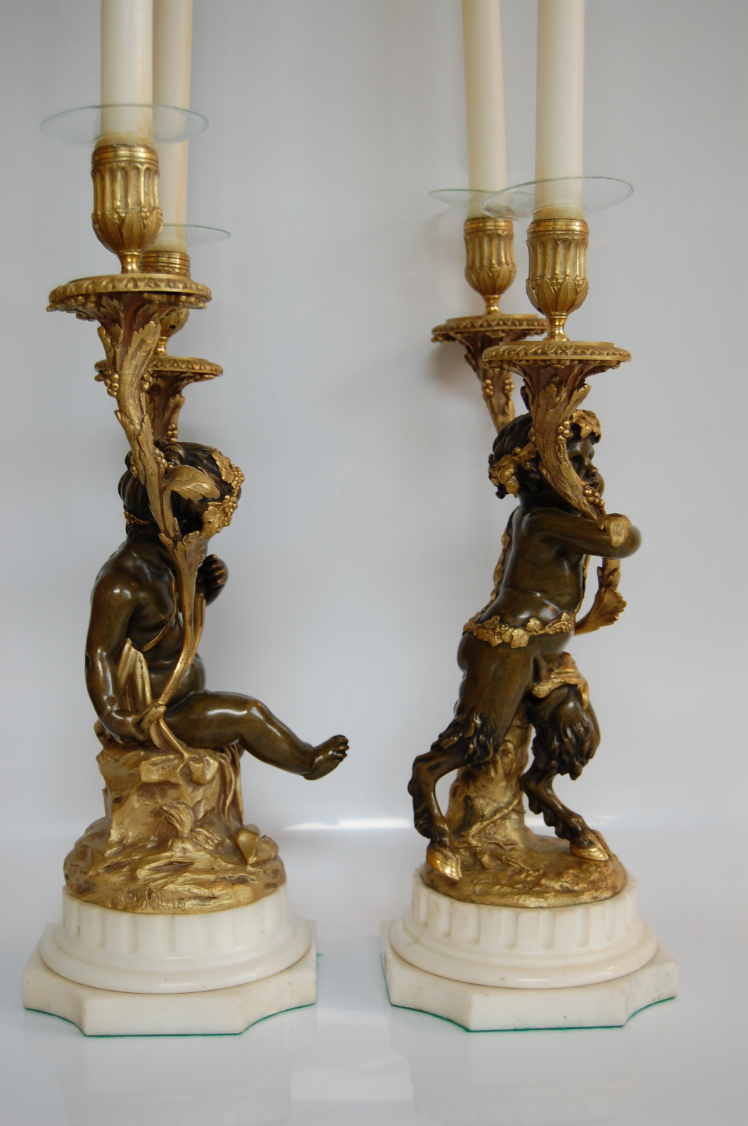 Pair of Gilt and Patinated Bronze & Marble Two-Light Candelabra, Signed Clodion