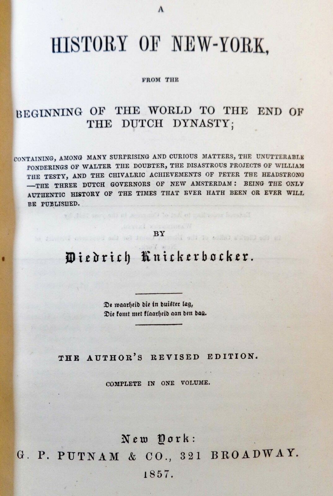 MID-19TH C ANTIQUE 1857 'WORKS OF WASHINGTON IRVING' W/KNICKERBOCKER'S NEW YORK