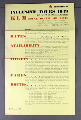 KLM ROYAL DUTCH AIRLINES 1938 AIRLINE INCLUSIVE TOUR TRAVEL AGENT LETTER