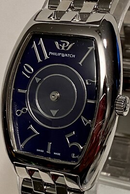  PHILIP Watch  Tonneau Black/Silvertone Bracelet Swiss Made Qtz Mens Watch_RARE