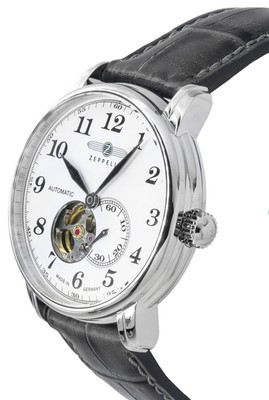 Pre-owned Zeppelin Lz127 Graf Leather Strap Open Heart Dial Automatic 76661 50m Mens Watch
