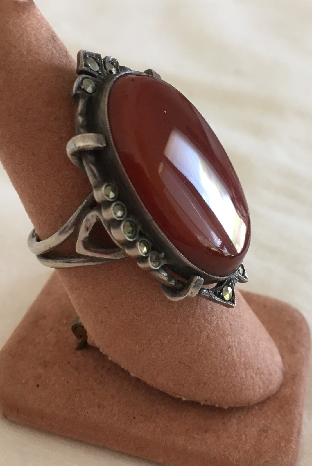 Fabulous Art Deco Silver Ring Carnelian Marcasite Size 8 1/2