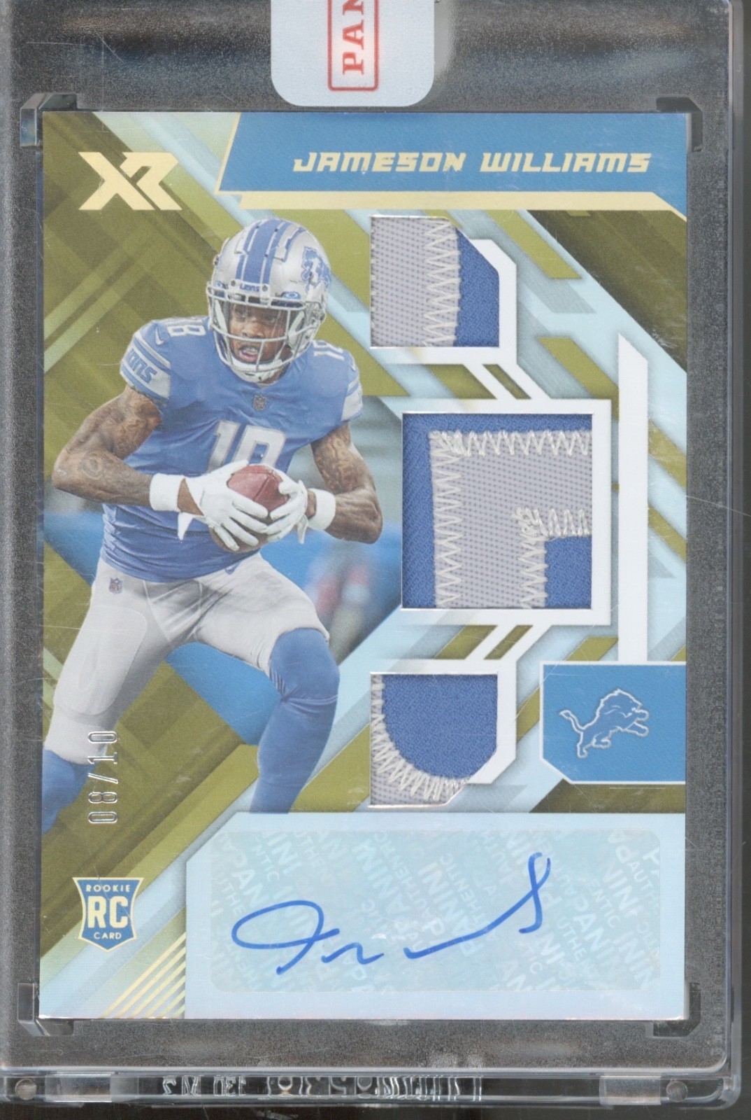 2022 Panini XR Gold Jameson Williams 8/10 Patch Auto Autograph RC Rookie