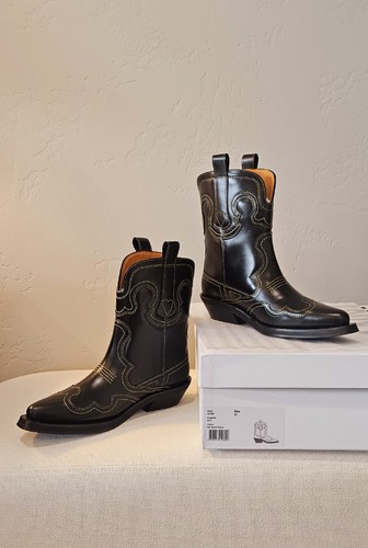 Pre-owned Ganni Low Shaft Embroidered Western Boots - Black/yellow ( Origin $595 )