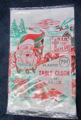 Vtg CHRISTMAS ''New From the Holyland'' Plastic Christmas Table Cloth 54 x 72 NOS