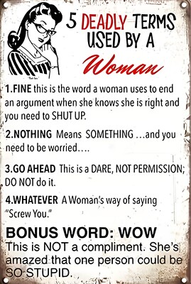 5 Deadly Terms Used By A Woman Funny Sign 8'' x 12'' Aluminum Metal Sign