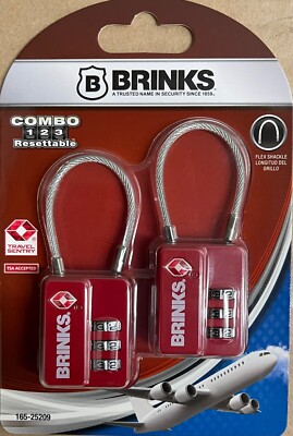 Brinks 1/4in 3-Dial TSA Luggage Padlock w/Steel Cable Shackle 2-Pack Red *NEW*