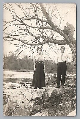 Young Couple RPPC Wausau WI Antique JF Schreiber Photo—River ca 1910s