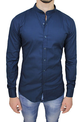 CAMICIA UOMO CASUAL SLIM FIT BLU COTONE ELASTICO NUOVA CON COLLETTO ALLA COREANA