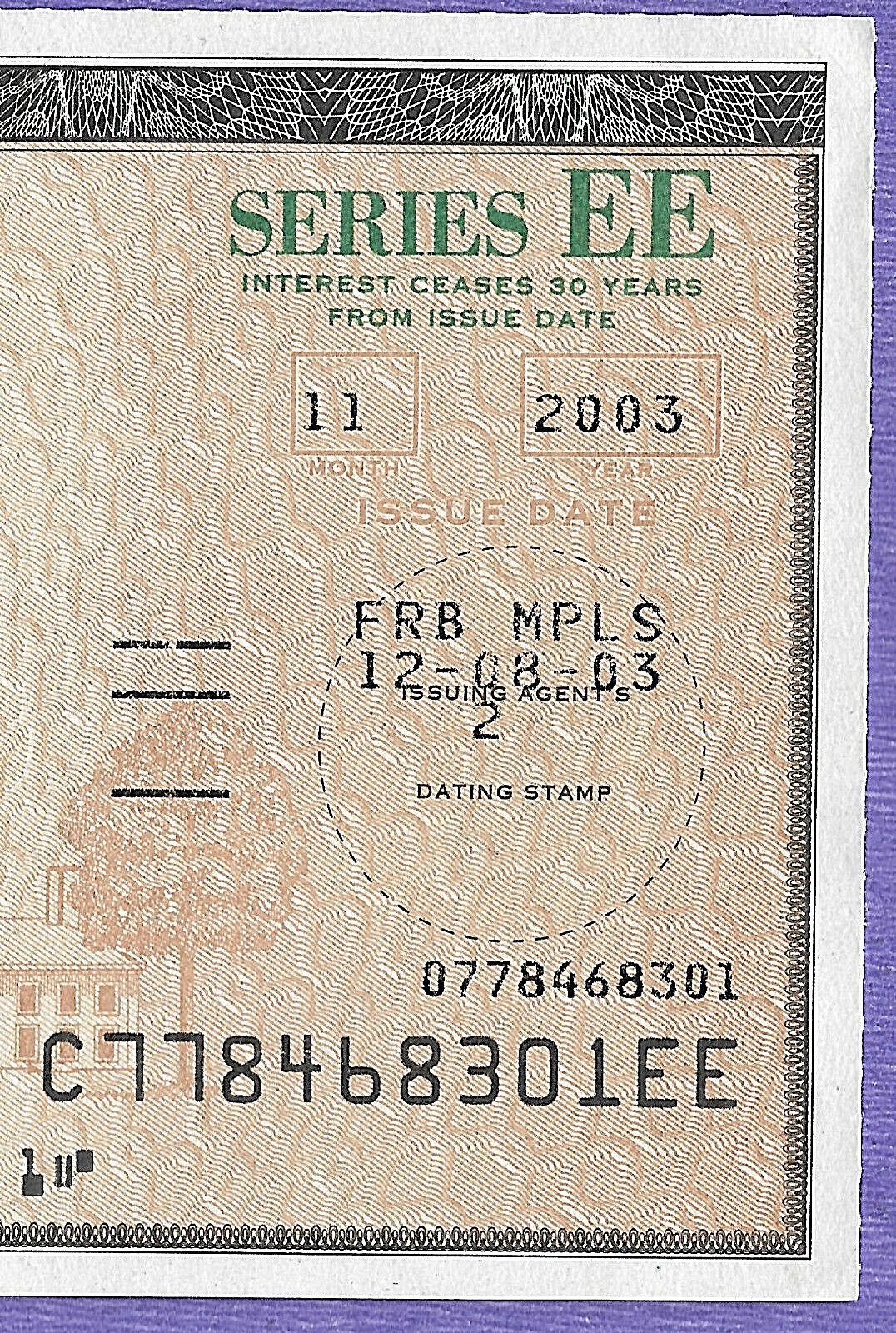 US SAVING BOND JEFFERSON 11 2003 $100.00  SERIES EE  UNCANCELLED