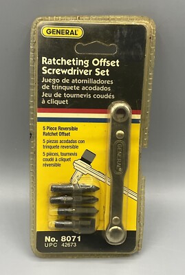 5pc General Tools Ratcheting Offset Screwdriver Set #8071 Right Angle 4 Bits