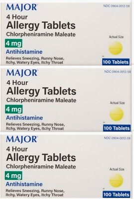 MAJOR Chlorpheniramine 4mg Allergy Tablets 100ct ( 3 pack ) PHARMACY FRESH! ^