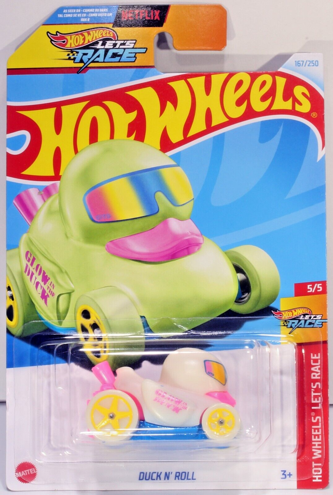 Hot Wheels 2024 GITD White Duck N' Roll #167, Hot Wheels Let's Race 5/5