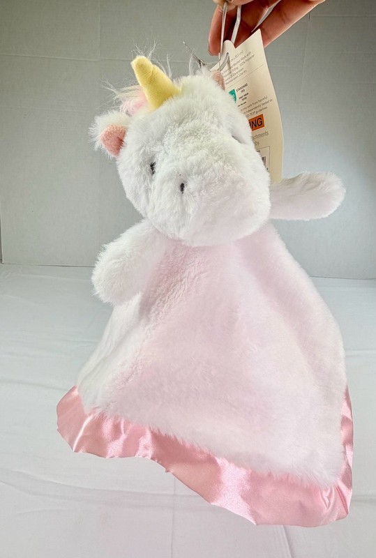 Cloud Island White Unicorn Security Blanket with Pink Satin Trim