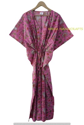 Indian Gypsy Floral Print Pink Kaftan Cotton Bathrob Sleepwear Maxi Women Dress