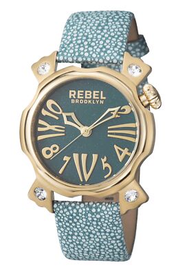 Pre-owned Rebel Women's Rb104-9121 Coney Island Gold Ip Steel Teal Leather Wristwatch