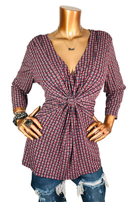 Daisy Fuentes XL Top Geometric Prints Stretch Twisted Low V Cut Blouse 3/4 Slvs