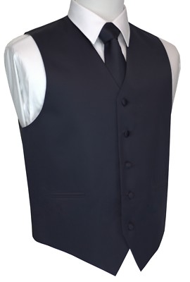 Men's Navy Blue Satin Formal Dress Tuxedo Vest, Tie & Hankie Set. Wedding, Prom
