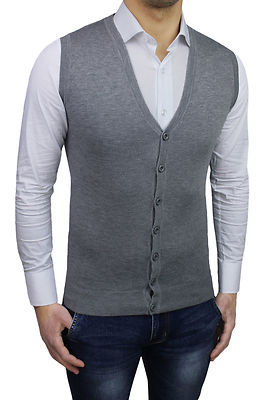 GILET UOMO DIAMOND GRIGIO CASUAL SLIM FIT SMANICATO MAGLIA BOTTONI  da M a 3XL