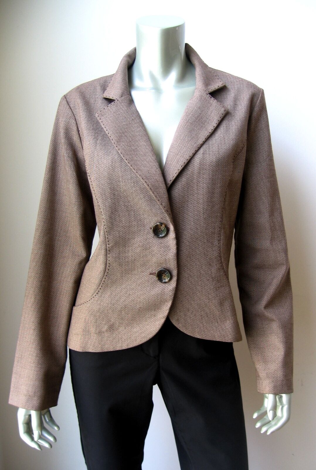 www.prominentresults.com :PR570 Studio 1940 NEW Brown Textured Unlined Ruffle Back Long Sleeve 2-Button Blazer L PR