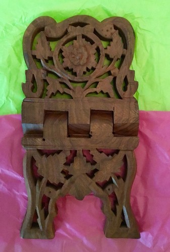 Vintage Wood Hand Carved Book Rest Rihal Rehal Stand Flower Motif