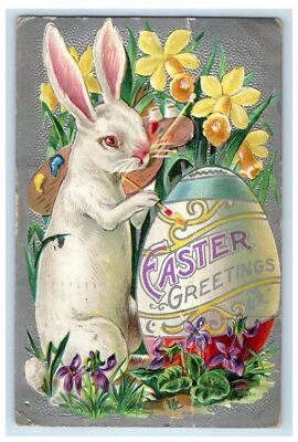 1911 Easter Greetings Rabbit Egg Painted Yellow Flowers Embossed Postcard