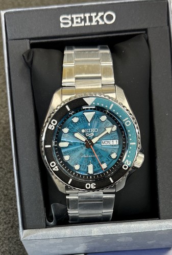 Pre-owned Seiko 5 Automatic Teal Transparent Dial Steel Bracelet Men's Watch Srpj45 Japan