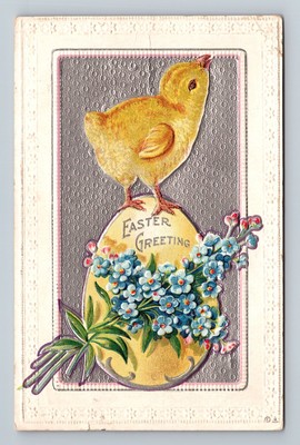 Baby Chick Flowers Egg Vintage Easter Embossed Postcard