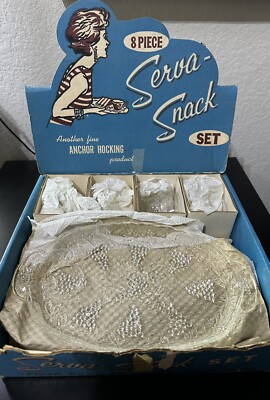 Vintage 8pc Anchor Hocking Serva Snack Set in Original Box Grape Pattern