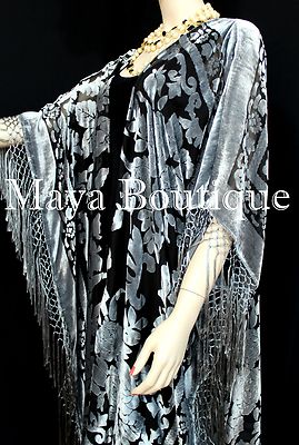 Pre-owned Maya Matazaro Silver Gray Caftan Duster Fringe Jacket Kimono Burnout Velvet