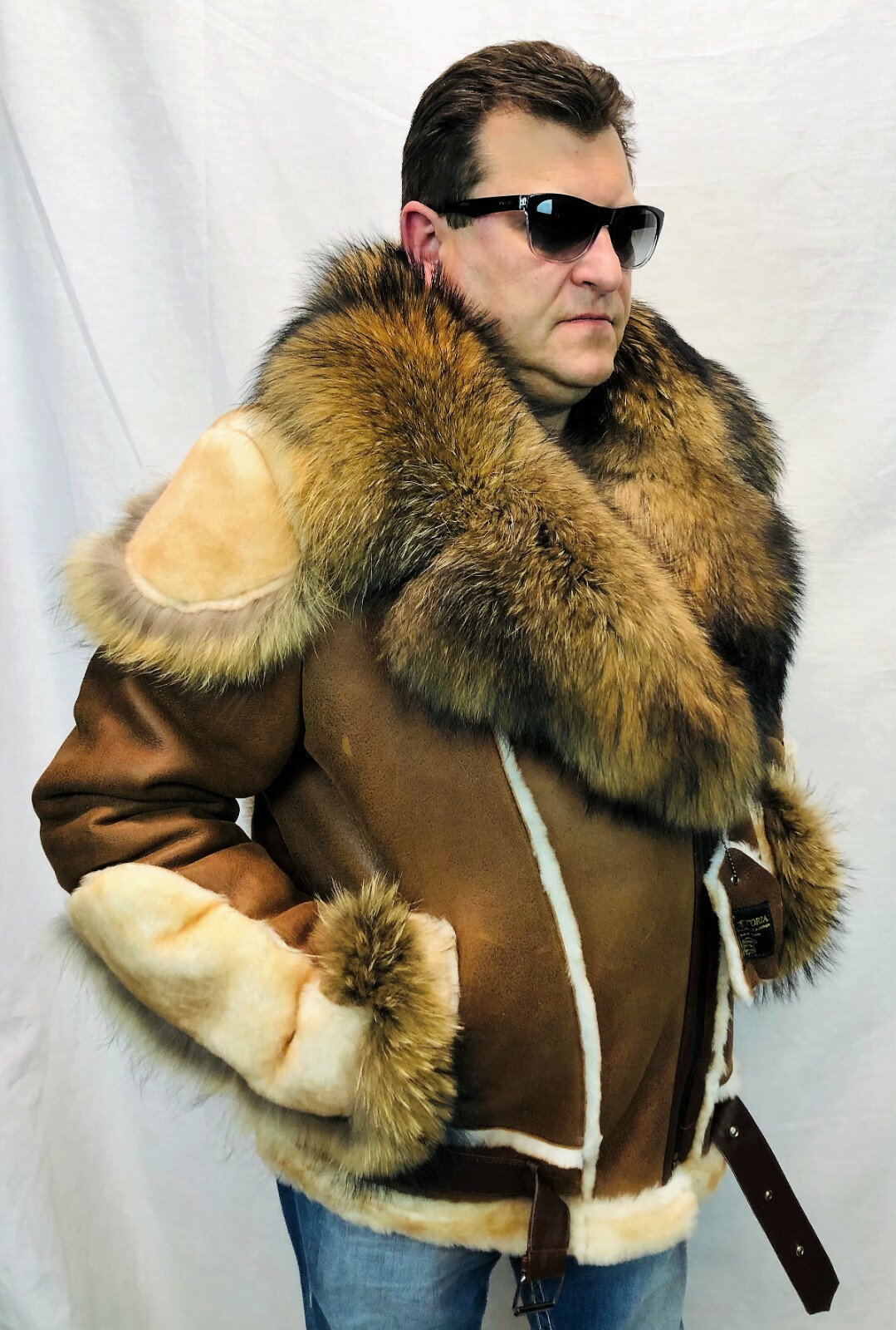 Pre-owned Victoria Real 100% Sheepskin Shearling Leather Real Raccoon Bomber B3 Coat Jacket S-8xl In Brown