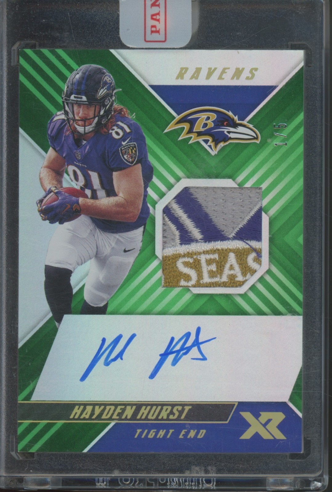 2018 Panini XR Green Hayden Hurst 1/5 Auto Autograph Patch