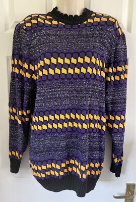 Vintage  1980 s Black, Purple & Yellow Patterned  Jumper, Size Small