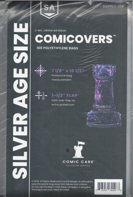 Comic Care Silver Comic Polyethylene Bags 7-1/8" x 10 1/2" Plus 1 1/2" Flap