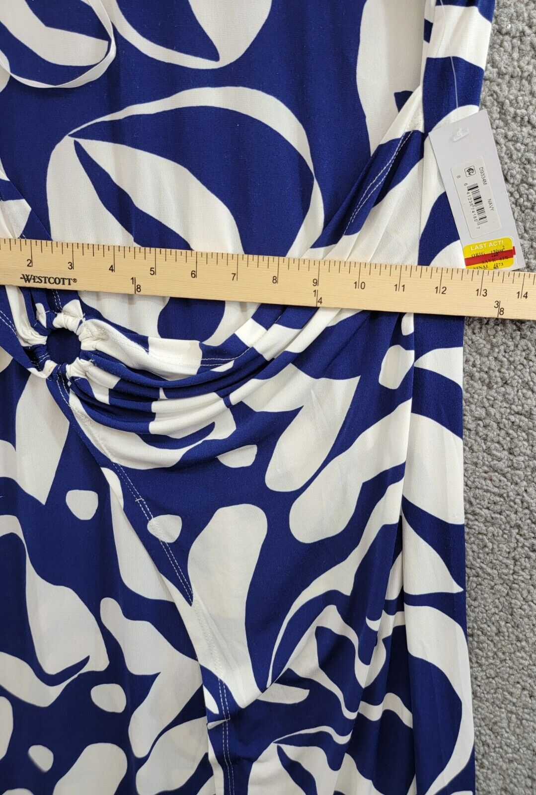Donna Morgan Printed Wrap-Waist Asymmetric Dress Women's 8 Navy Back Zip Closure - Picture 6 of 16