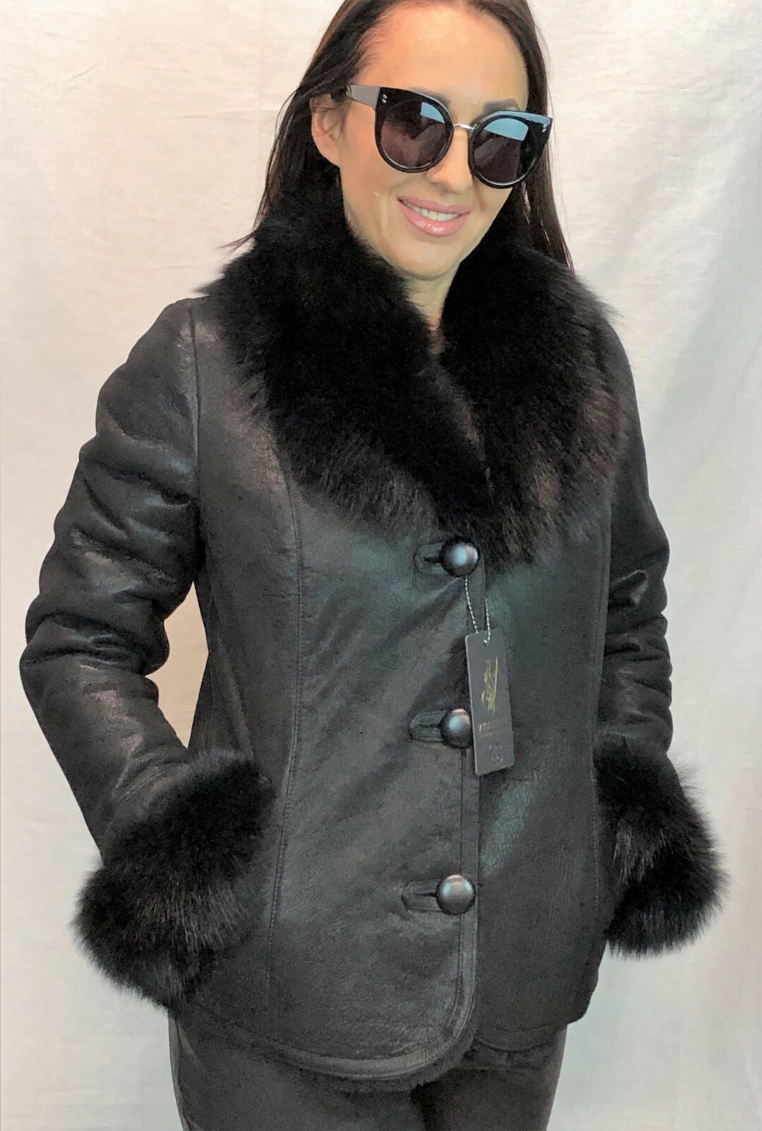 Pre-owned Victoria Real Fox Fur, 100% Real Sheepskin Shearling Leather, Buttons, Jacket Coat Xs-6xl In Black