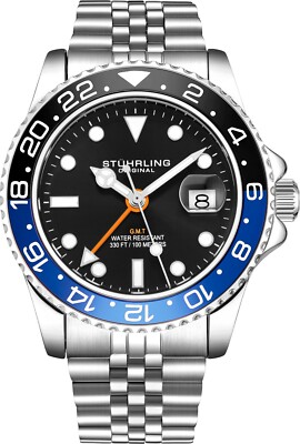 Stuhrling Aqua-Diver 3968 Quartz Men's Silver Bracelet Black Dial Watch