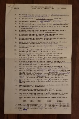 Vintage Nazareth Regional High School Final Exam, Health Class Brooklyn New York
