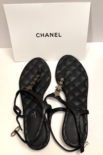 CHANEL ストラップサンダル 36.5 (23.5cm) Chanel Interlocking CC Logo Leather T-Strap Sandals / Size : 6.5