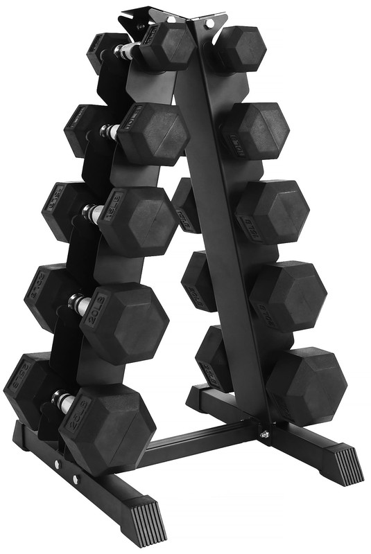 Rubber-Coated Hex Dumbbell Set with A-Frame Rack (Pairs) Weight Fitness Curl