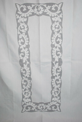 Antique Organdy Linen Applique Tablecloth Whitework Hand Stitched 102