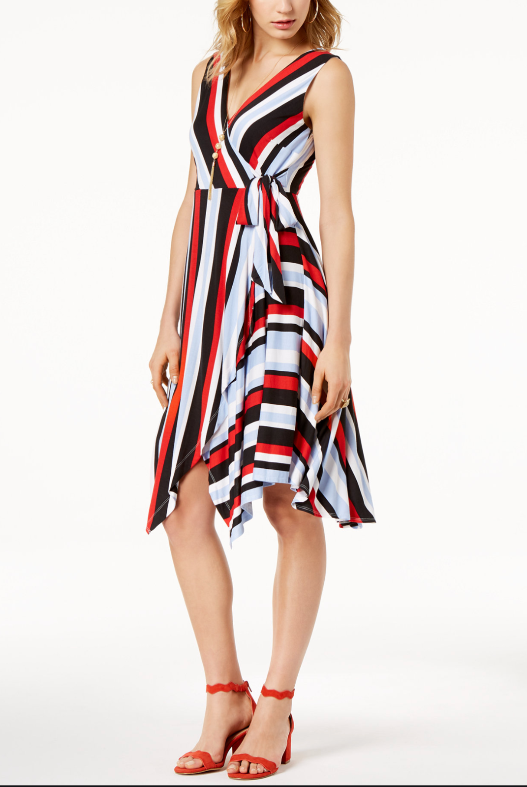 red and blue wrap dress