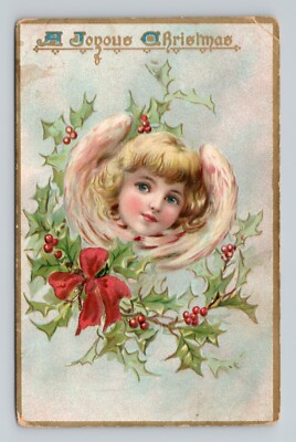 A Joyous Christmas Angel Head Framed By Wings Holly Tucks No 100 Postcard