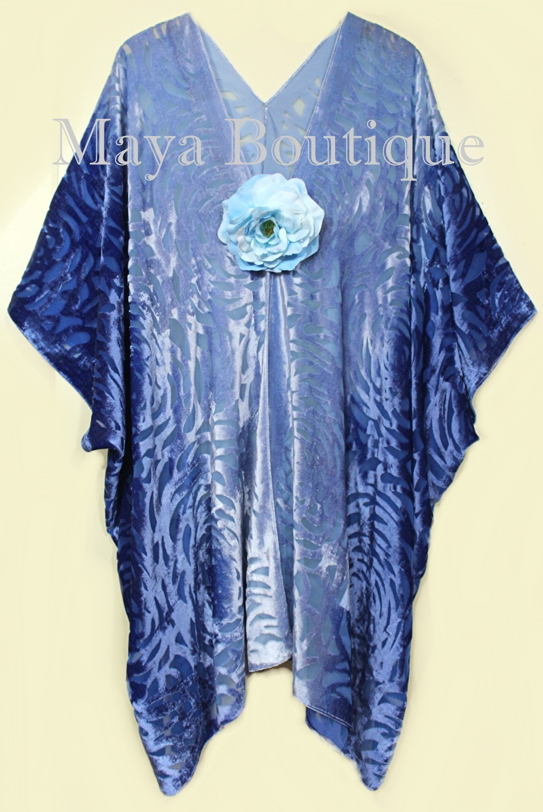 Pre-owned Maya Matazaro Niagara Blue Ombre Camellia Burnout Velvet Caftan Kimono Hand Dyed