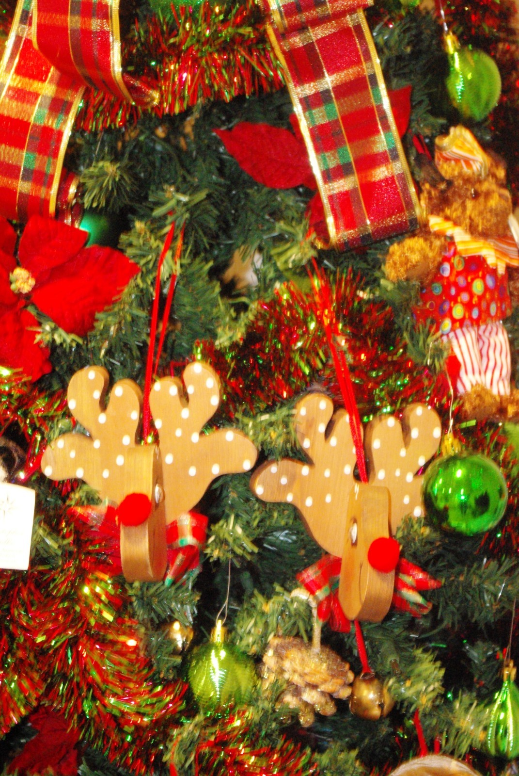 Vintage Pair of Handcrafted Wood Reindeer Christmas Ornaments, with Bows & Bells